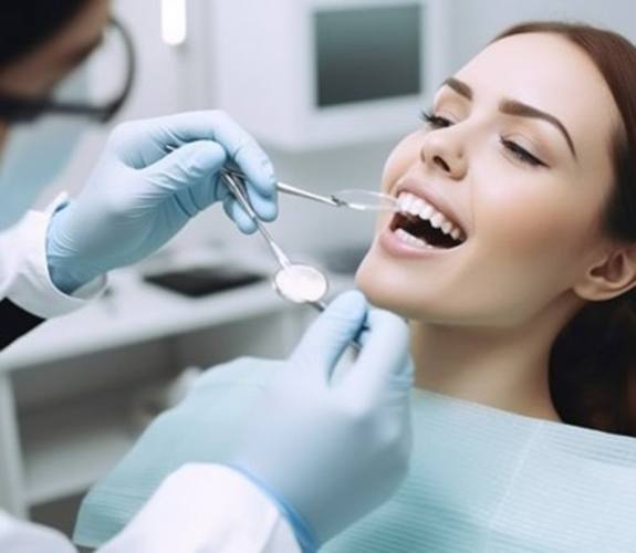 Dentist checking a female patient’s smile